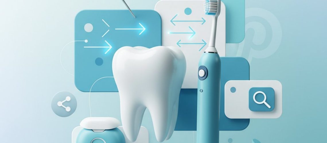 Abstract dental health hero image. Tooth, toothbrush, floss, and Pinterest pinboard shapes in blue, teal, and white create a bright, modern design.