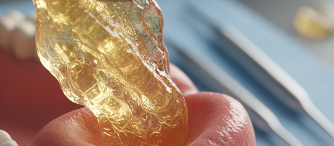 Macro shot: Golden, semi-transparent PRF being placed in a simulated surgical site. Soft light, blurred background.