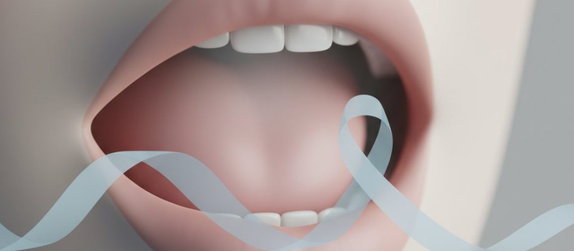 Abstract, soft-hued mouth/throat art in pink, gray, cream. Faint cancer awareness ribbon fades. Hopeful, focused on early detection.