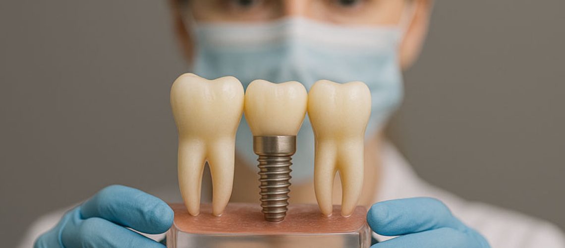Women holding an implant model with both her hands, dental office
