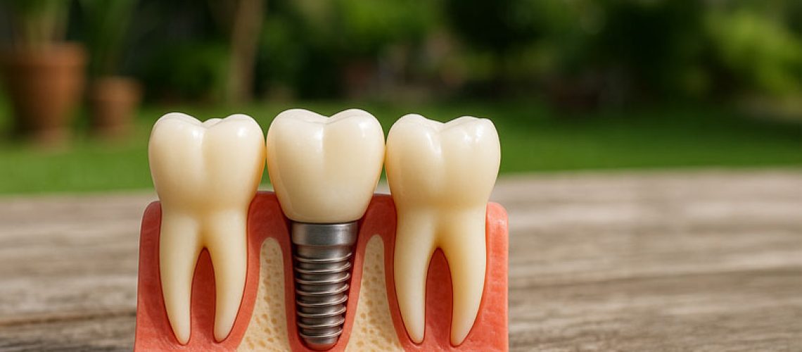 Implant model on a wooden deck outside, nature in the background, blurred