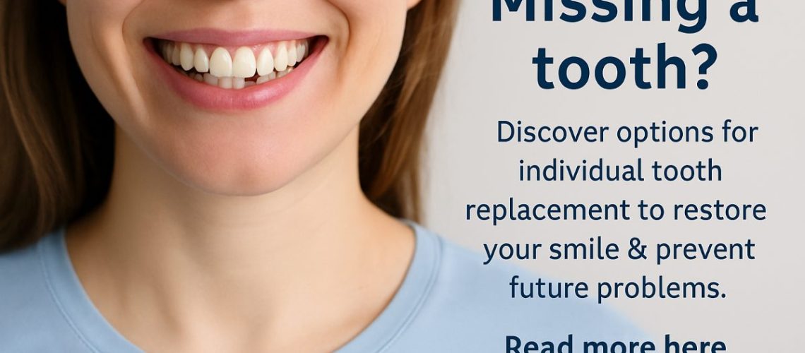 A close-up of a dental implant being placed in a patient's jaw, showcasing the precision and care involved in individual tooth replacement. No text on image.