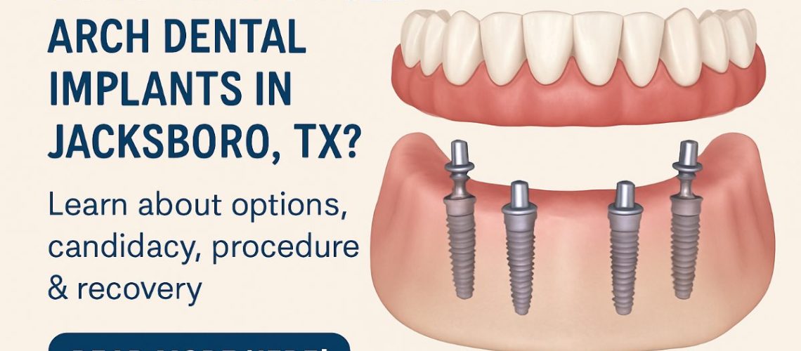 Photo of a smiling senior man in a dental chair, confidently displaying his new set of full arch dental implants. The dentist is visible in the background, making final adjustments. No text on image.
