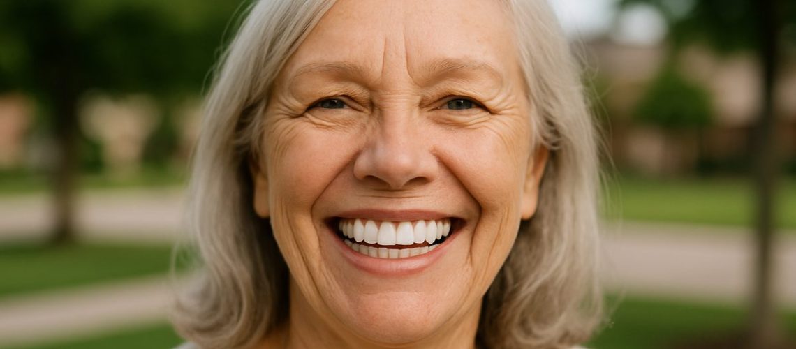 Image of a smiling senior woman in Allen, TX, showcasing her new full arch dental implants. Focus on the natural look and feel, highlighting the life-changing benefits of the procedure. No text on the image.