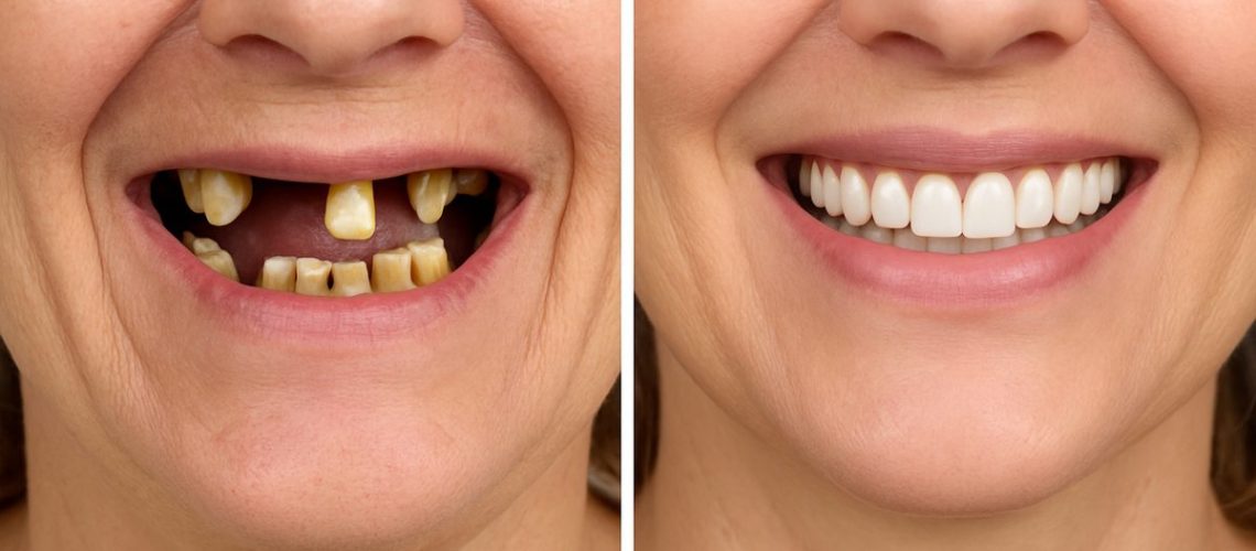 Collage image showcasing before and after dental implant transformations. The left side depicts a person with missing or damaged teeth, while the right side shows the same person with a complete, healthy smile after dental implant treatment. No text on the image.