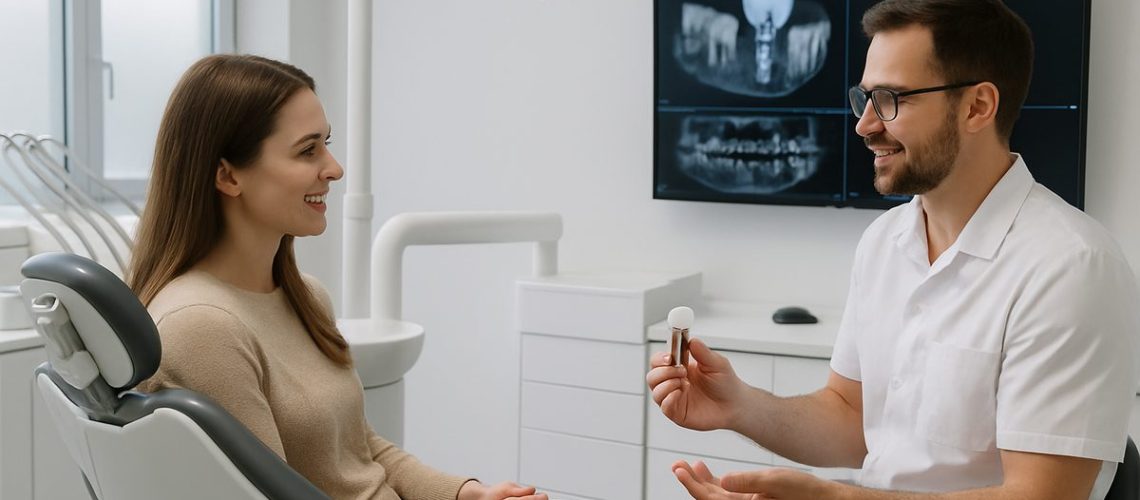 Image of a modern, clean dental office with state-of-the-art equipment, with a dentist and patient discussing dental implant options, with digital scans visible on a screen in the background. No text on image.