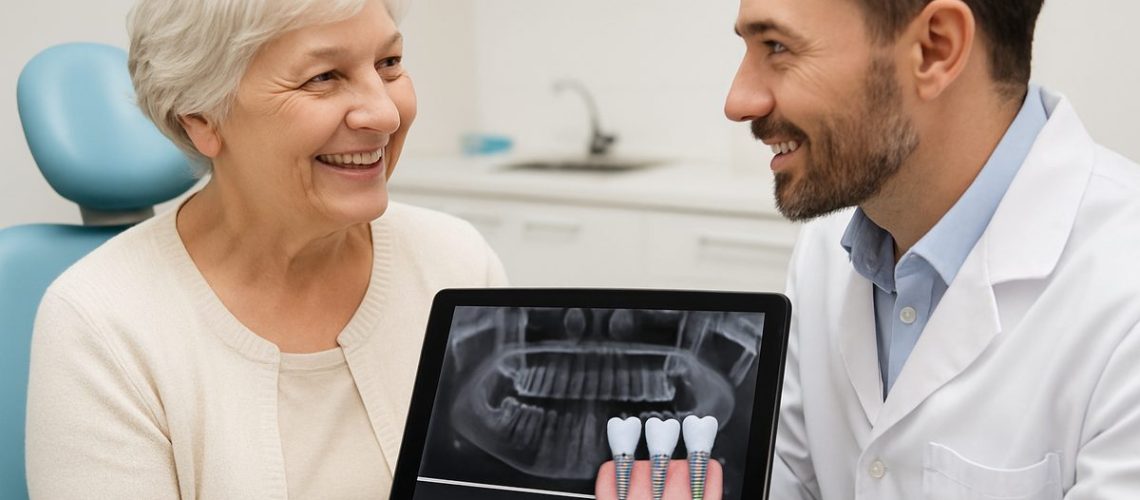 Photo of a smiling senior woman talking with her dentist about dental implant procedures, reviewing a digital scan of her mouth. No text on the image.