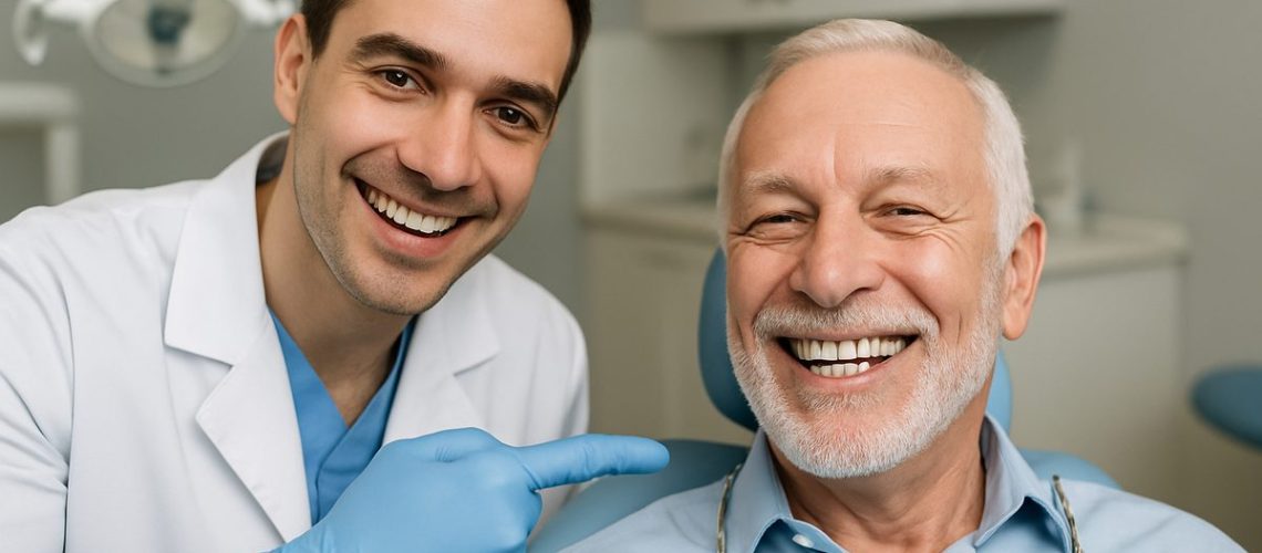 Photo of a dentist smiling while pointing to a set of full mouth dental implants in a patient's mouth. The patient is also smiling, clearly happy with the results. No text on the image.
