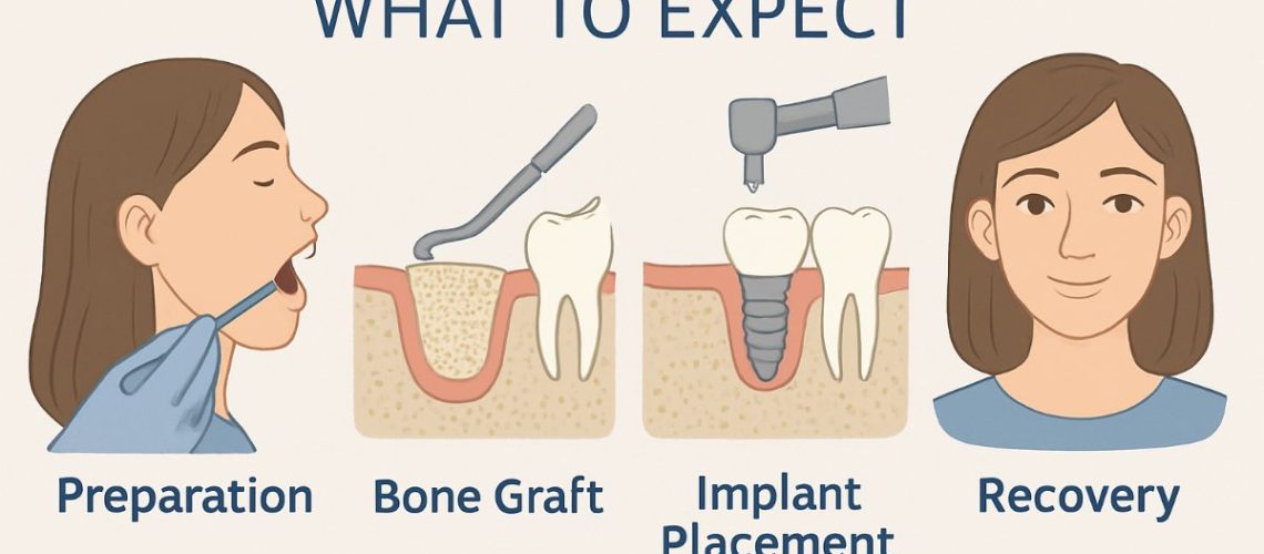 A dentist is performing a bone implant surgery on a patient, with close-up detail on the tools and bone grafting material being used. No text on image.