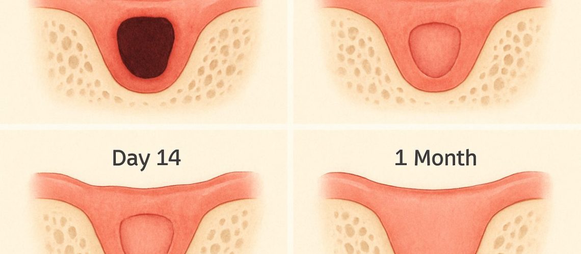 Photo of a diagram of a healing wisdom tooth extraction site in the gums. The diagram is labeled "Day 1", "Day 7", "Day 14", and "1 Month". No text on the image.
