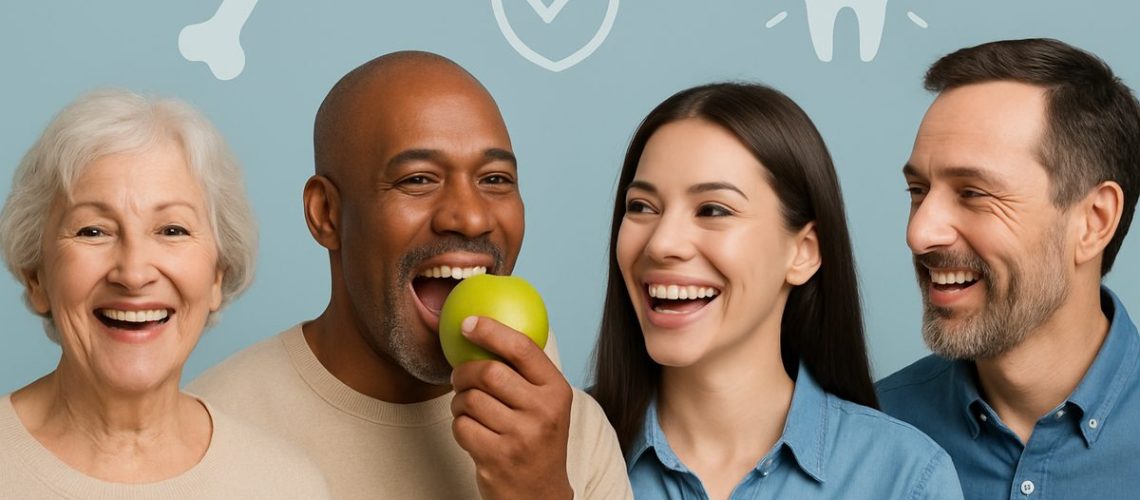 Photo depicting the dental implants benefits, showcasing a diverse group of people confidently smiling, eating, and talking. The background subtly features icons representing bone health, durability, and natural appearance, highlighting key advantages. No text on image.