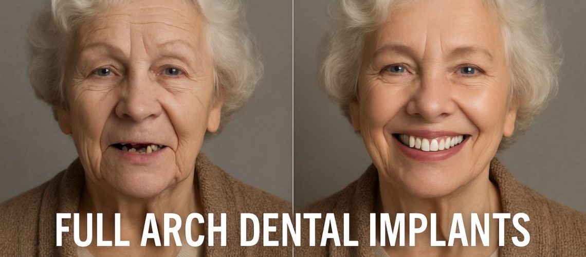 Photo of a smiling senior woman with full, white, natural-looking teeth, contrasting with an older photo of her with missing teeth; text overlay reads "Full Arch Dental Implants: Restore Your Smile".