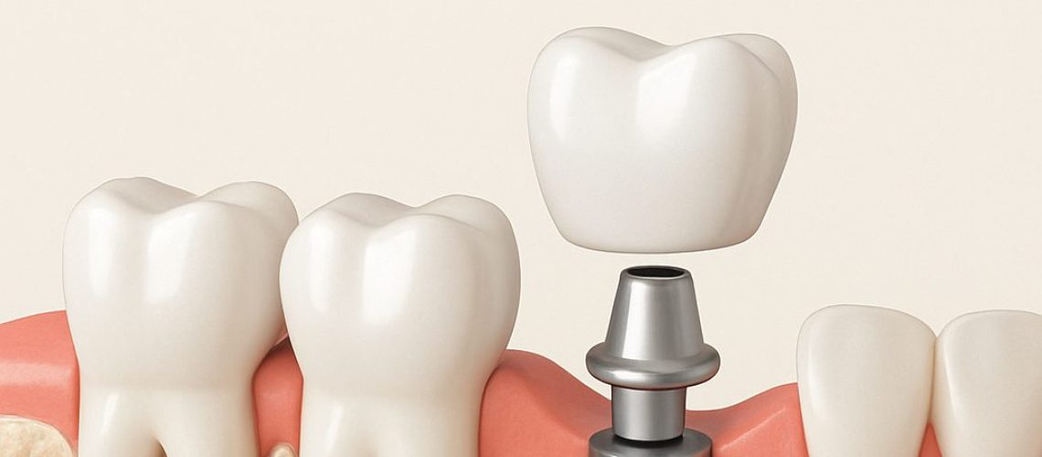 Image of a dentist placing an endosteal implant into a patient's jawbone, using surgical tools with precision. No text on the image.