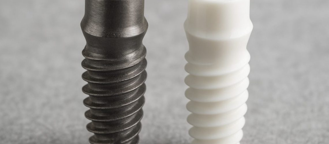 Close up image comparing a titanium dental implant screw to a zirconia dental implant screw. No text on the image.