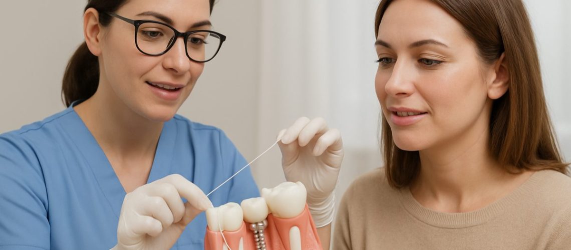 Image of a dental professional demonstrating correct flossing technique around a dental implant to a patient.