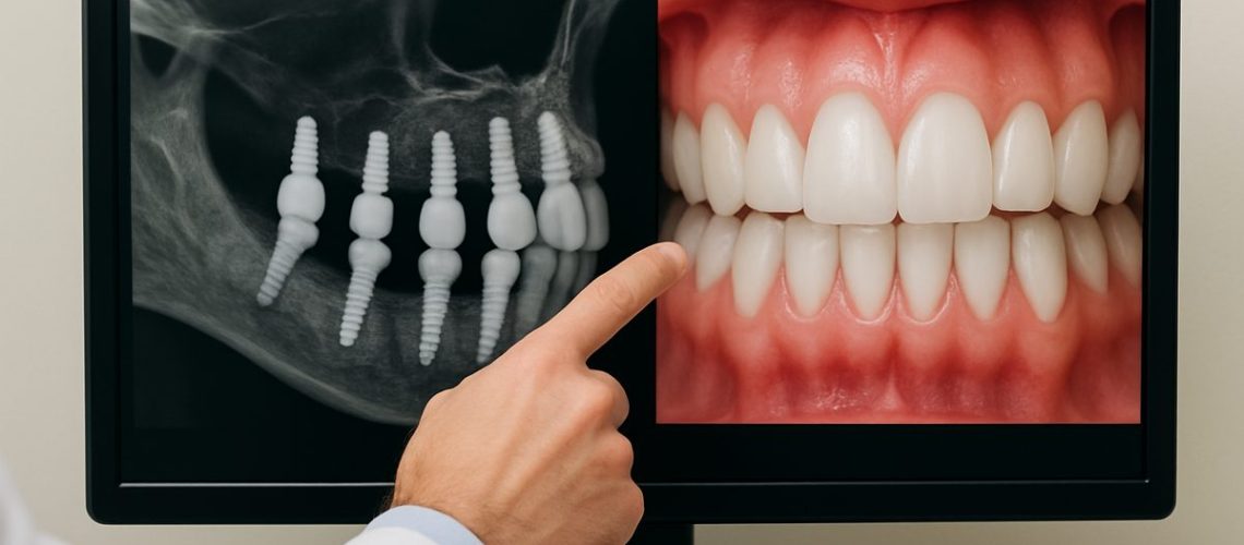 A close-up image showing a dentist pointing to a digital scan of a patient's jawbone with dental implants in place, next to an image of healthy gums. No text on the image.