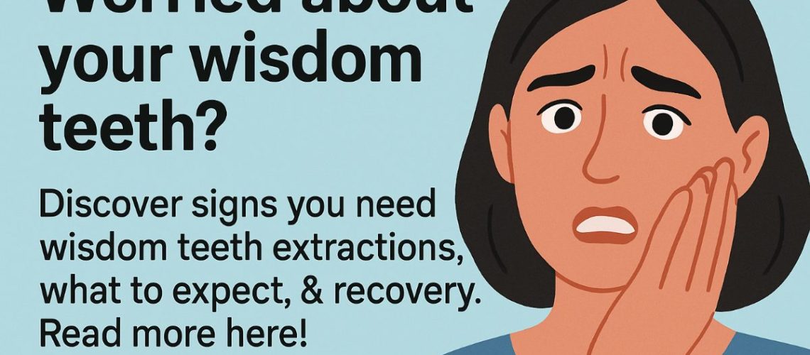 Photo of an x-ray of a human mouth, with one of the wisdom teeth angled horizontally. Text on image: "Impacted Wisdom Teeth?"