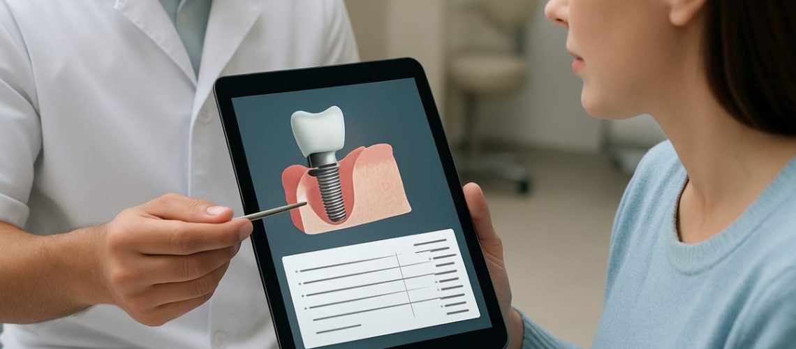 A close-up image showcasing a dentist consulting with a patient about dental implant options, with a focus on the itemized cost breakdown on a tablet screen. No text on the image.