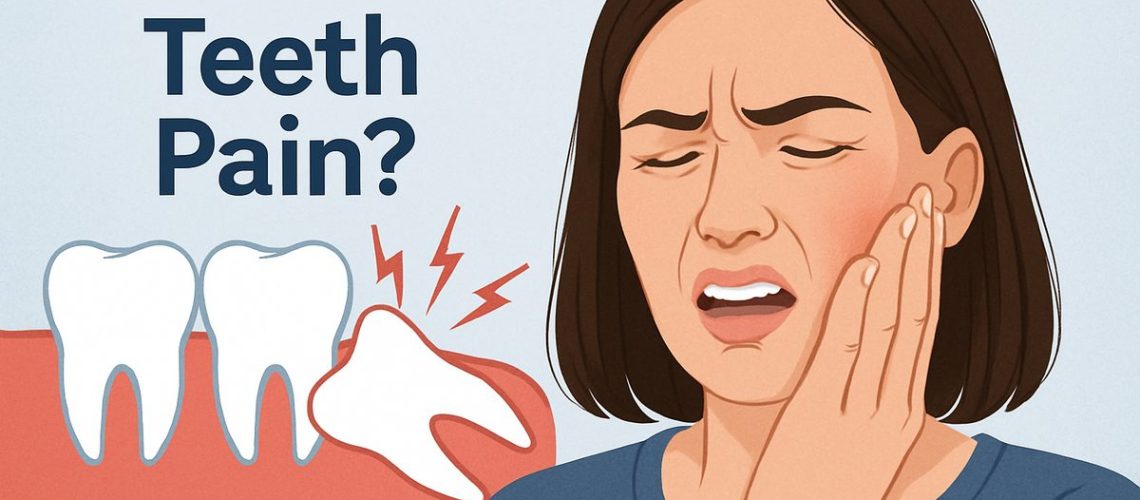 A person holding their jaw in pain, with a graphic of an impacted wisdom tooth in the background, radiating pain. Text on the image reads "Wisdom Teeth Pain?"