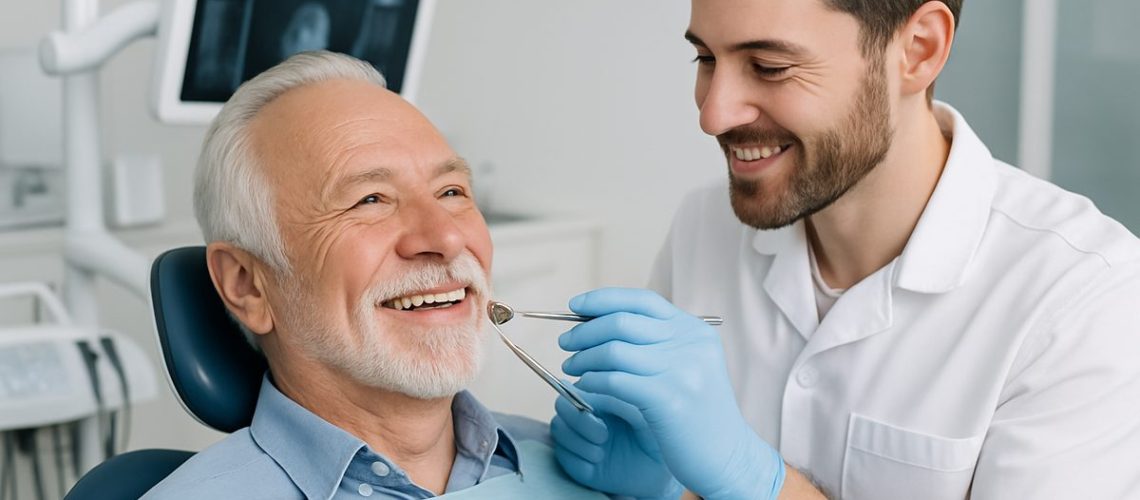 A smiling, older gentleman is sitting in a dental chair as a skilled, friendly dental implants provider examines his mouth. The office is modern and clean, showcasing advanced dental technology in the background. No text on image.
