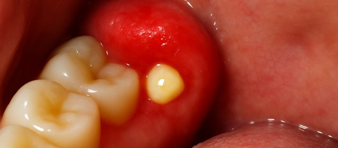 Close-up of an inflamed gum area at the back of the mouth, partially covering a wisdom tooth, with a visible pocket of pus. No text on image.