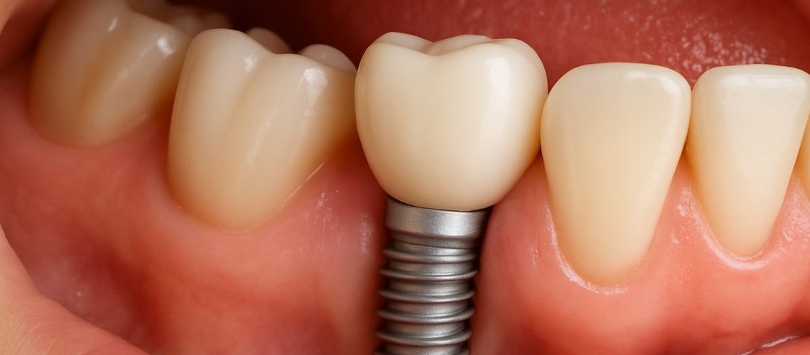 A close-up studio shot of a dental implant seamlessly placed in a patient's mouth, highlighting its natural appearance and functionality. No text on image.