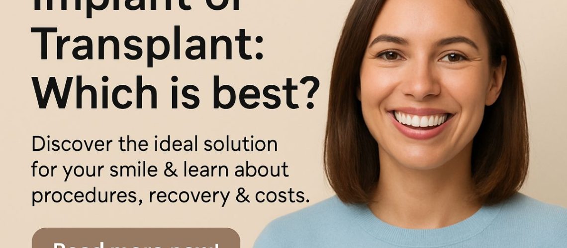 A side-by-side comparison of a dental implant being placed into a jawbone on one side, and a transplanted tooth being moved to a new location on the other side. No text on image.